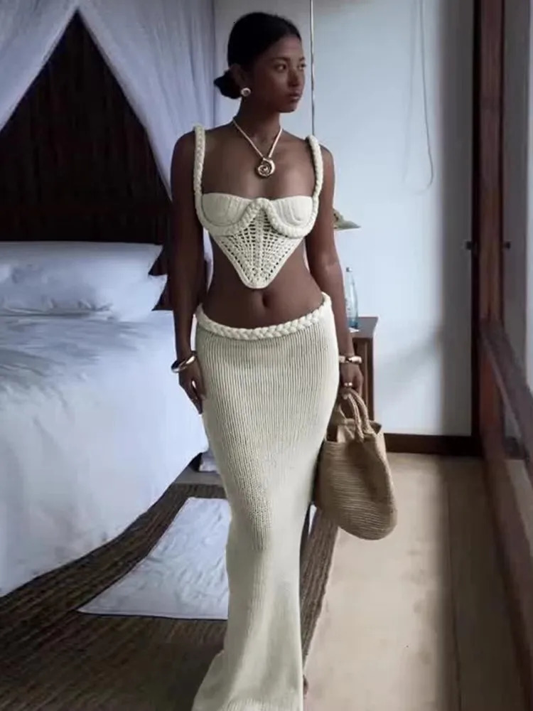 Weird Puss Crochet Shirring 2 Piece Set Women Cross Bandage Backless Irregular TopsSolid Long Skirts Vacation Beach Style Suits 251020