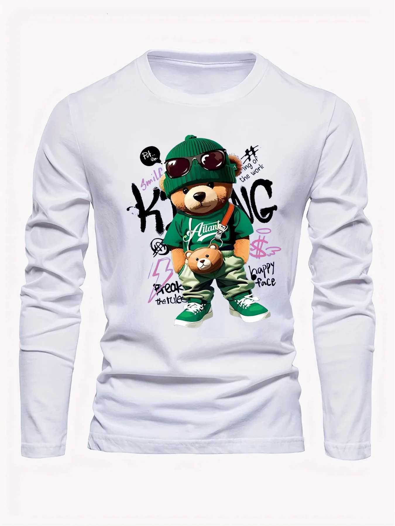 Mens 100 pure cotton loose and comfortable sports casual fashion cartoon bear print round neck long sleeved Tshirt topXJ251023