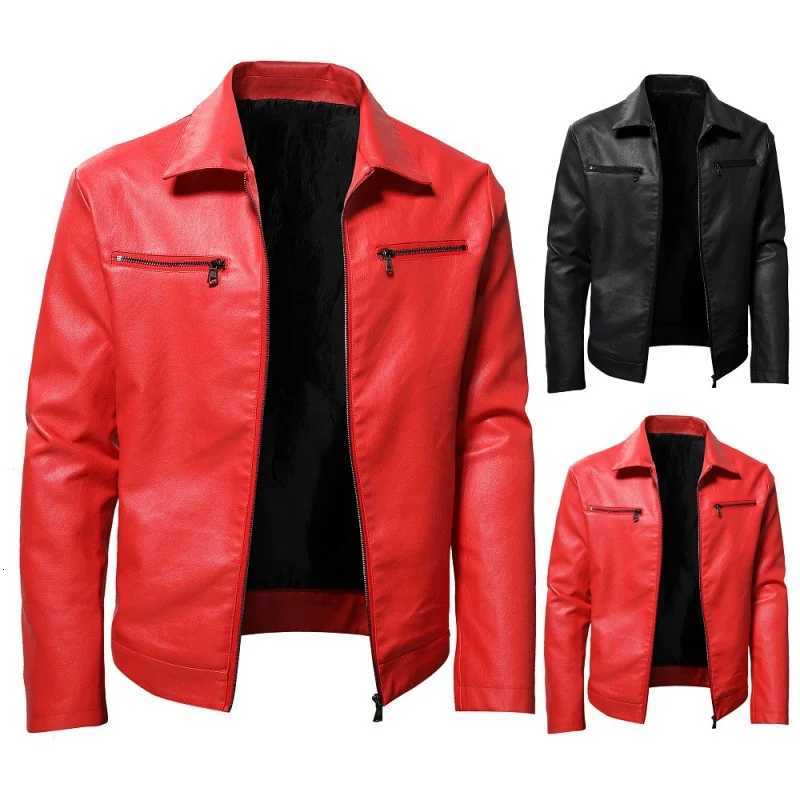 Mens Red Fashion Slim Motorcycle PU Leather Wearresistant Lapel Leather Jacket W251023