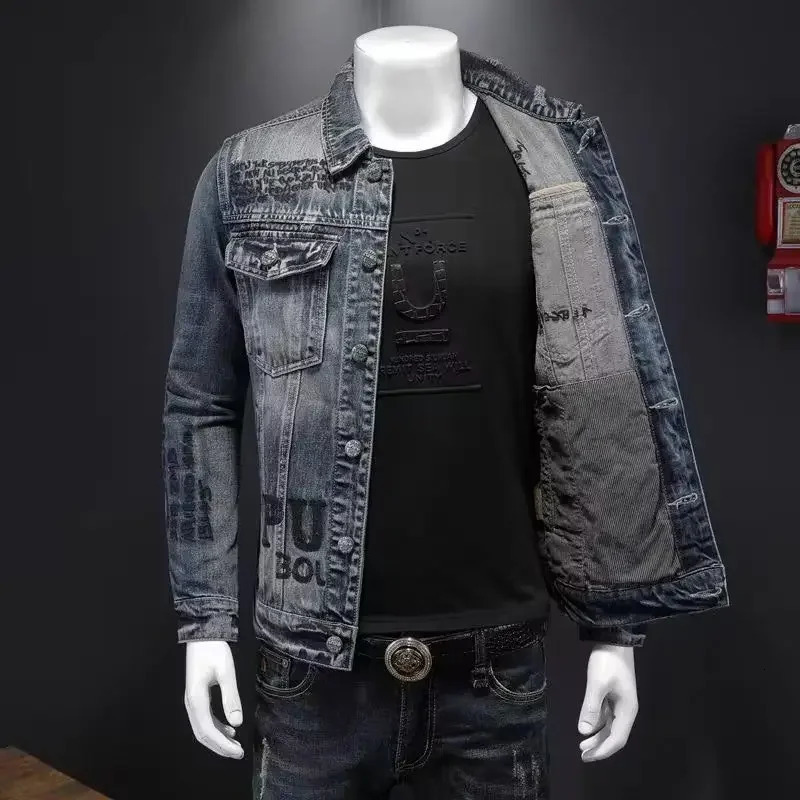 mens denim jacket fashion casual lapel handsome motorcycle high street retro trend loose top clothing 251017