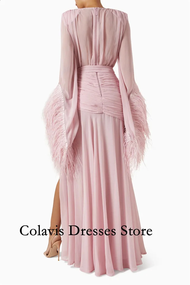 Customized Deep VNeck Flare Sleeves Feather Pink Chiffon Prom Dresses Evening Dress Women Evening Gowns Formal Party Dress 251020