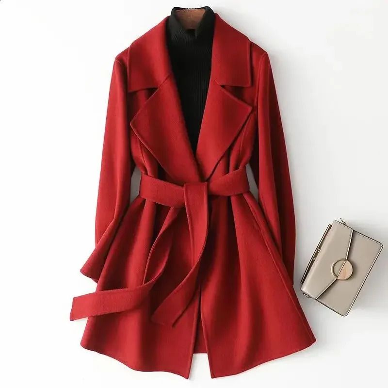 Plus Size Autumn Winter Womens Woolen Coat Belted MidLength Jacket Khaki Color Brick Red Black Fashionable Oute 251018