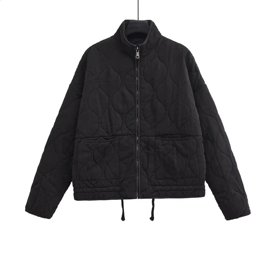 PBZA Winter Womens Clothing Style Commuting Leisure Warm Stand Collar Loose Pocket Diamond Grid Cotton Coat 251022