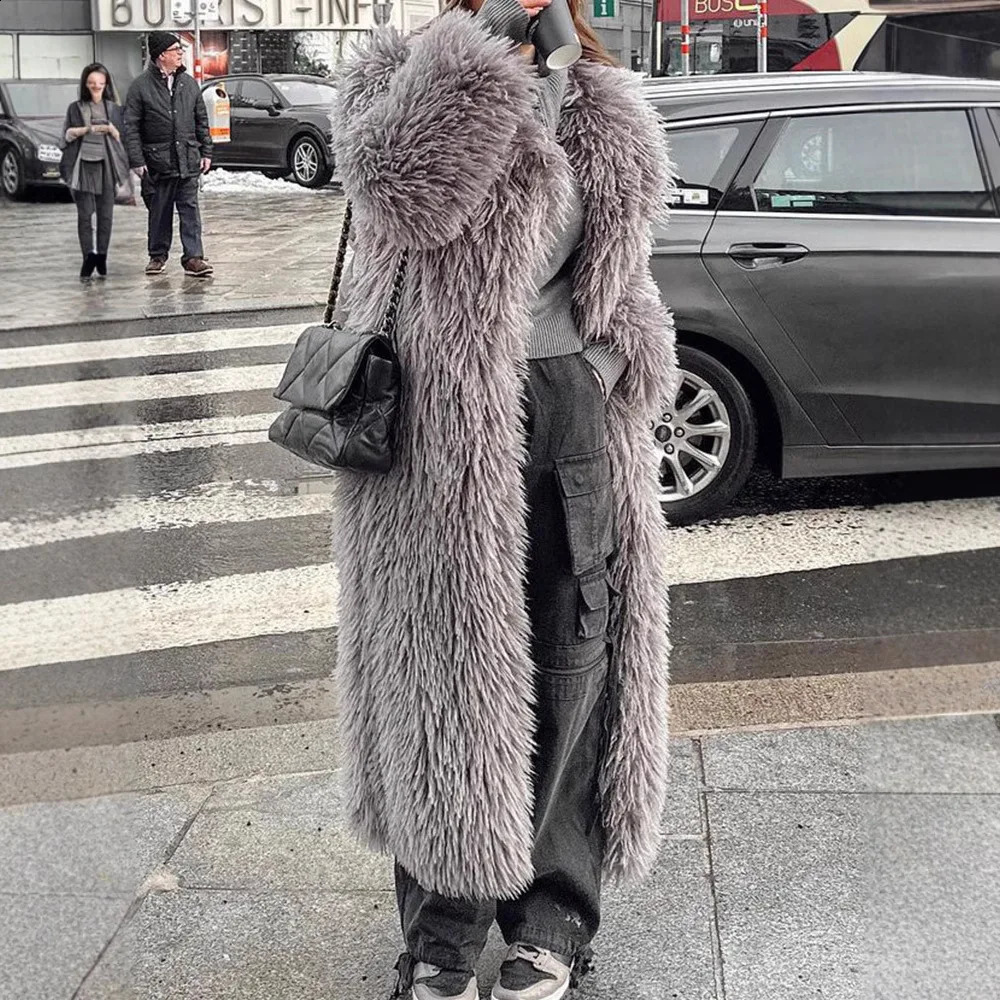 Women Faux Fur Jacket Thick Loose Long Coat Warm Turn Down Collar Full Sleeve Open Stitch Coats Solid Winter 2025 251014