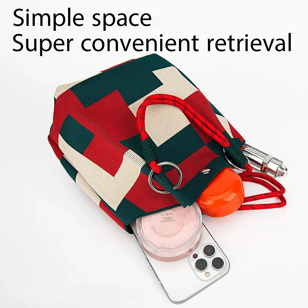 Ins Color Block Knit Tote Bag Bucket Storage with Adjustable Straps Metal Rings Snap Clre for Casual Travel 251018