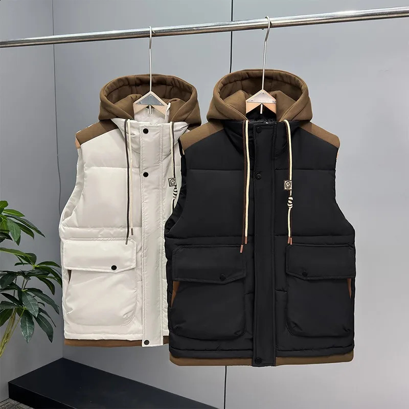Mens Cotton Padded Vest with Detachable Hood Winter Warm Sleeveless Jacket Fashion Casual Zip Up Bodywarmer Waistcoat 251023
