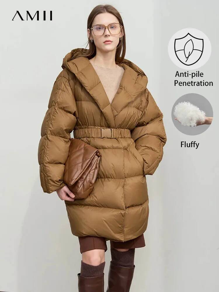 AMII Minimalist Hooded Jacket For Women 2025 Winter New Warm Duck Down With Belt Magnetic Buckle Loose Outerwear 12424001