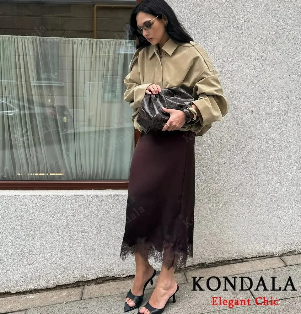 KONDALA Women y Black Brown Skirt Long Lace Satin Straight Autumn Fashion Elegant Party Dinner Mujer 251022