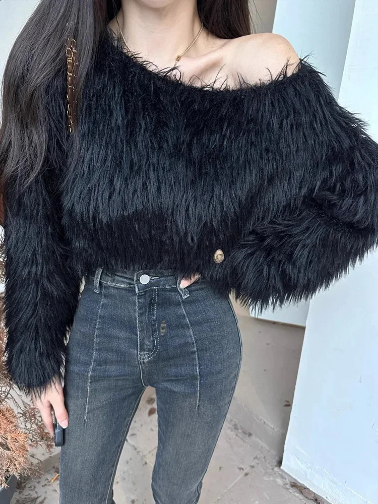 Fashion Fluffy Knitted Pullover Y2k Short Sweaters Women Sexy Off Shoulder Long Sleeve Tops Autumn Winter Womens Clothes 251023