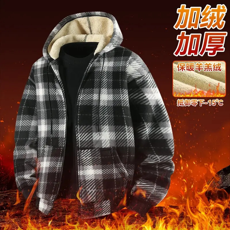 Winter Fashionable Trendy Grid Thickened Warm Lamb Fleece Jacket for Mens Casual Loose Sports Large Size High Quality 251023