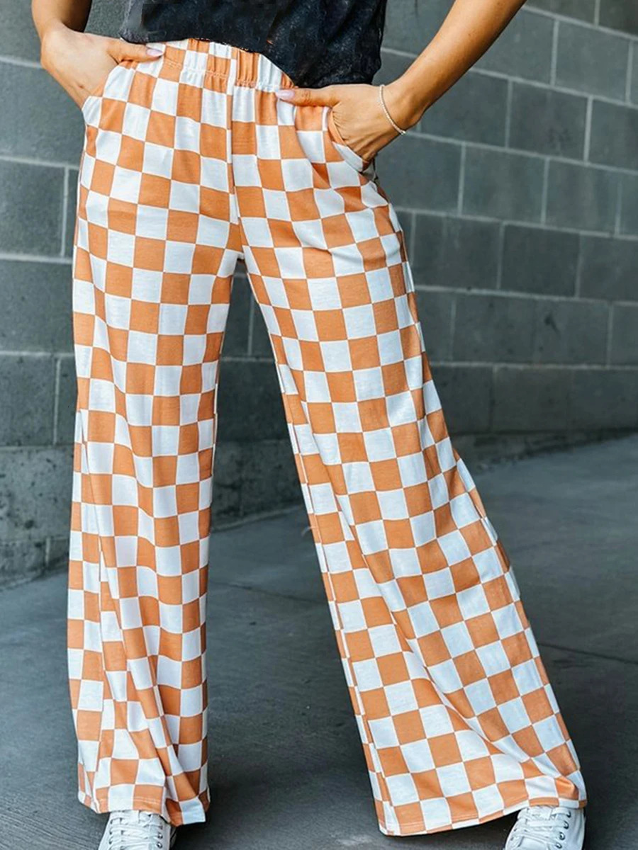 Womens Checkered Wide Leg Pants High Elastic Waisted Straight Loose Fitted LoungeTrouser Y2k Korean Streetwear 251016