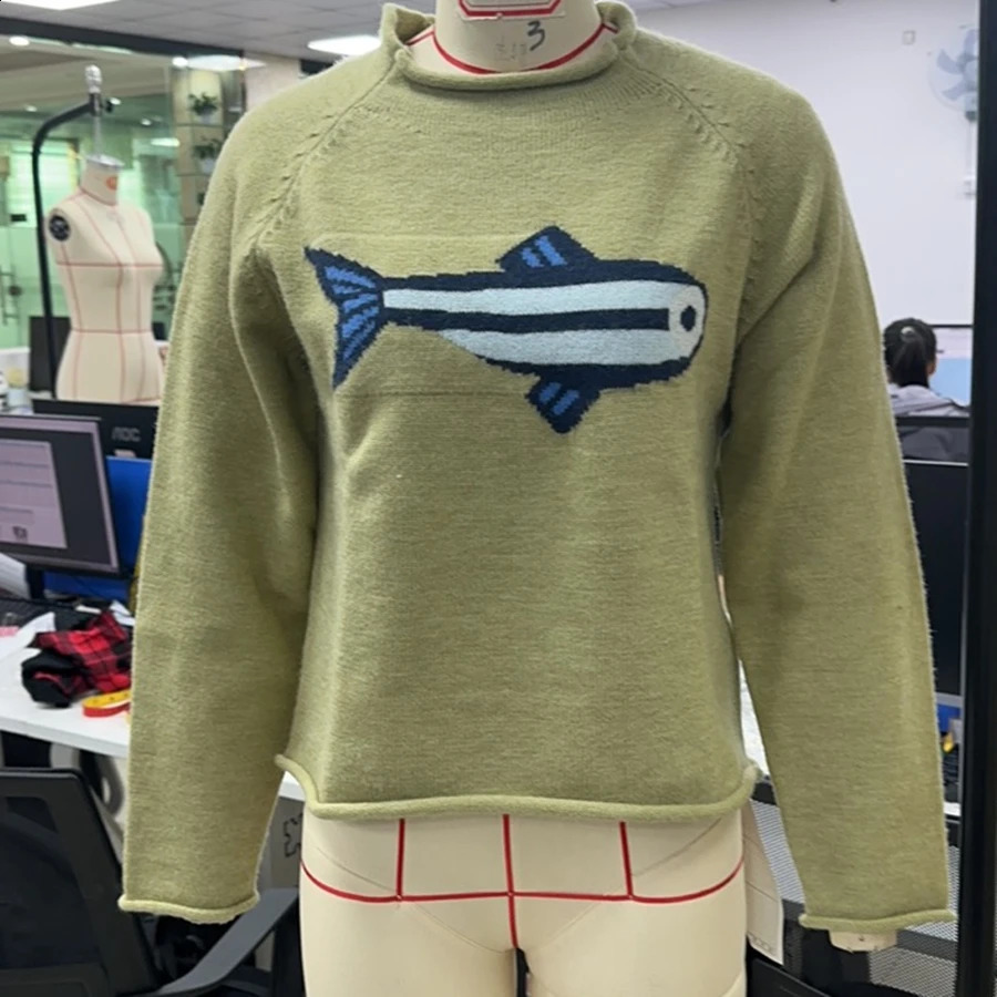 Collection Sardine Knitted Sweater Light Green With Fish Pattern Women Pullover For Casual Wear 251023