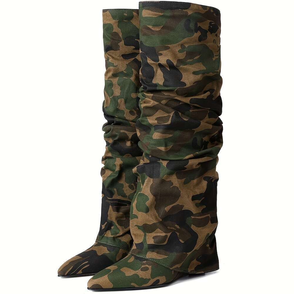 2026 Women's Knee High Shark Foldable Loose Pleated Boots, Wedge-Shaped High-Heeled Pointed Ankle Boots