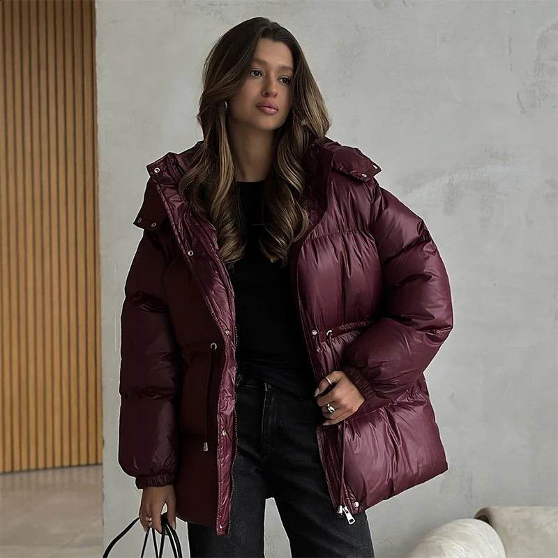 Womens Hooded Down Jacket Drawstring Waist Warm Parker Coat Solid Pocket Zipper Outwear Winter Thicken Long Sleeves Coats 251021