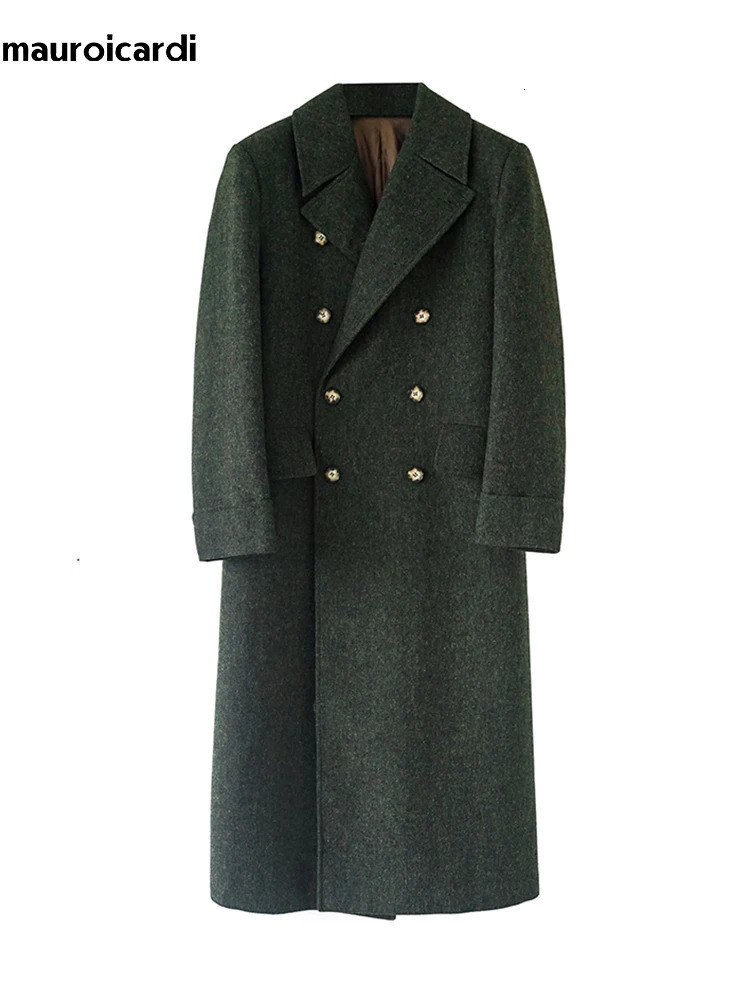 Mauroicardi Autumn Winter Long Warm Green Polo Coat Men Double Breasted Cool Elegant England Style Wool Blends Overcoat 251016
