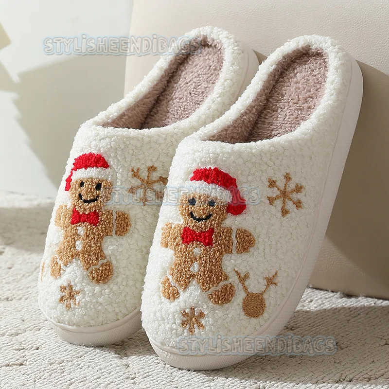 Christmas Women Slippers Cute Gingerbread Winter Warm Slides Couple House Shoes Men Bedroom Flat Soft Sole Home Shoes for Gift H251023