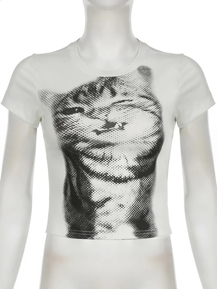 Harajuku Animal Print Crop Top Basic White Short Sleeve Crewneck Tshirt Women Casual Slimfitting Tees Lady y2k Vintage 251022