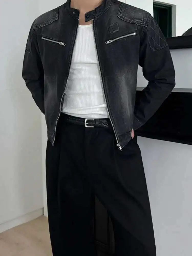 2025 Autumn Stand Collar Solid Color Mens Wear Denim Jackets Zipper Patchwork Korean Style Casual Loose Short Male Coat 251017