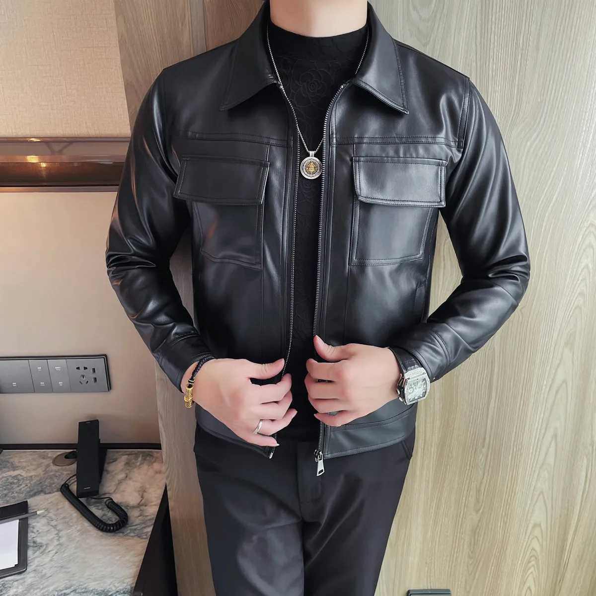 Black PU Leather Jackets Men Clothing 2025 Fashion Turn Down Collar Slim Fit Mens Casual Motorcycle Jacket Long Sleeve Coat Man W251023