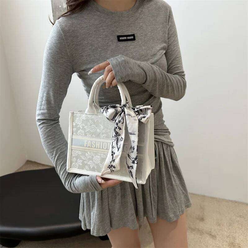 Chic Embroidered Letter Handbag Women Casual Fashionable Versatile Silk Scarf Bow Handbags Shoulder Bag. Everyday Tote Bag Purse
