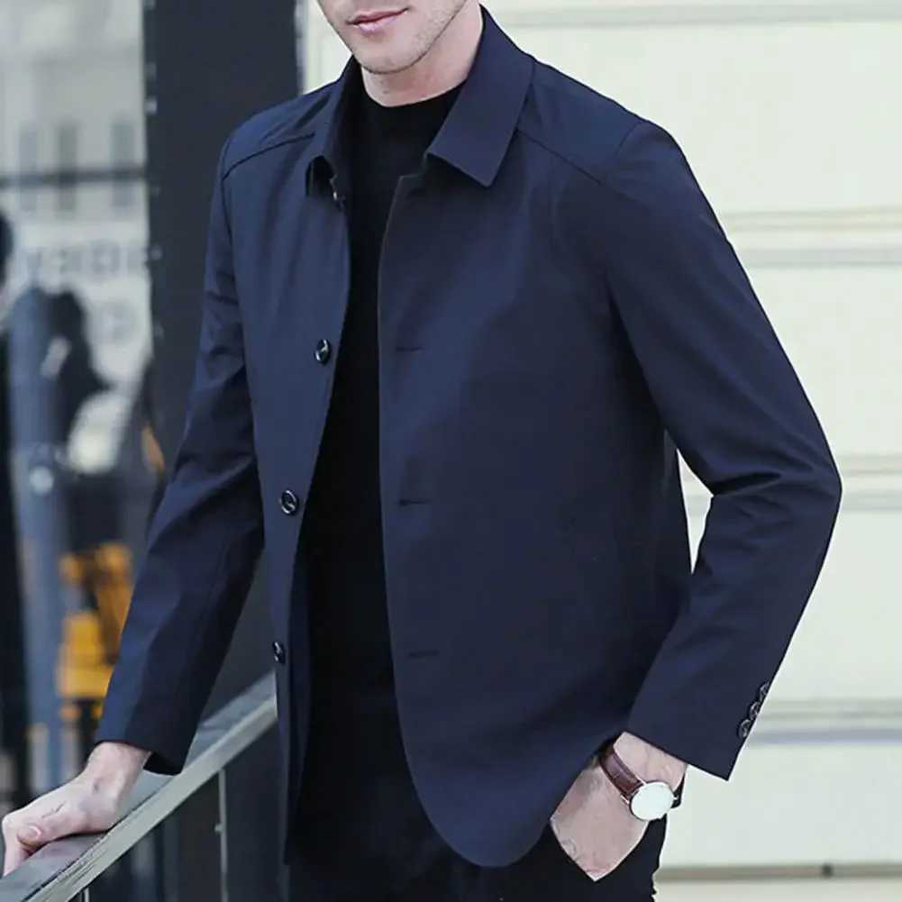 Men Outerwear Elegant Mens Mid Length Business Coat with Turndown Collar Singlebreasted Design for Fall Spring Seasons Men W251023