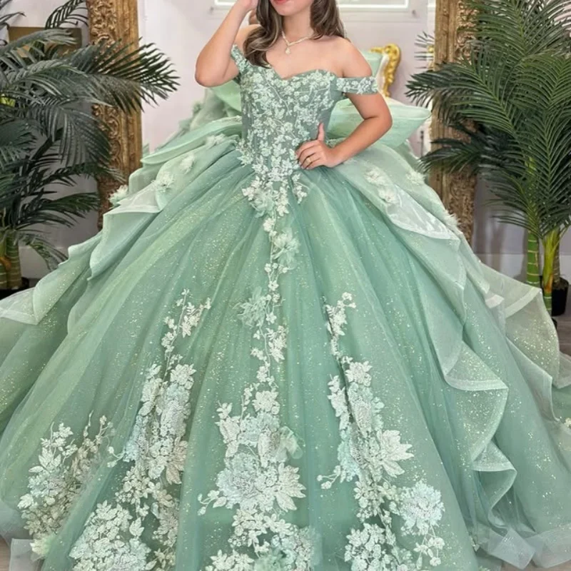 Mint Green Shiny Quinceanera Dresses offthe shoulder Beading Crystal Applique Lace glitter 3D flower decal Bow vestidos de 15 anos sweet 16 dress