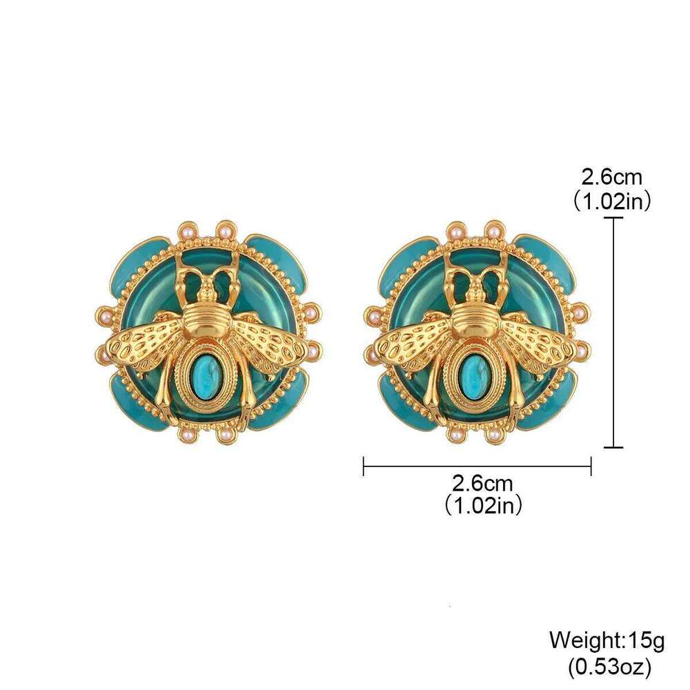 Elegant Gold Plated Bee Charm Jewelry Set - Teal Enamel Ring, Pendant Necklace & Stud Earrings For Women