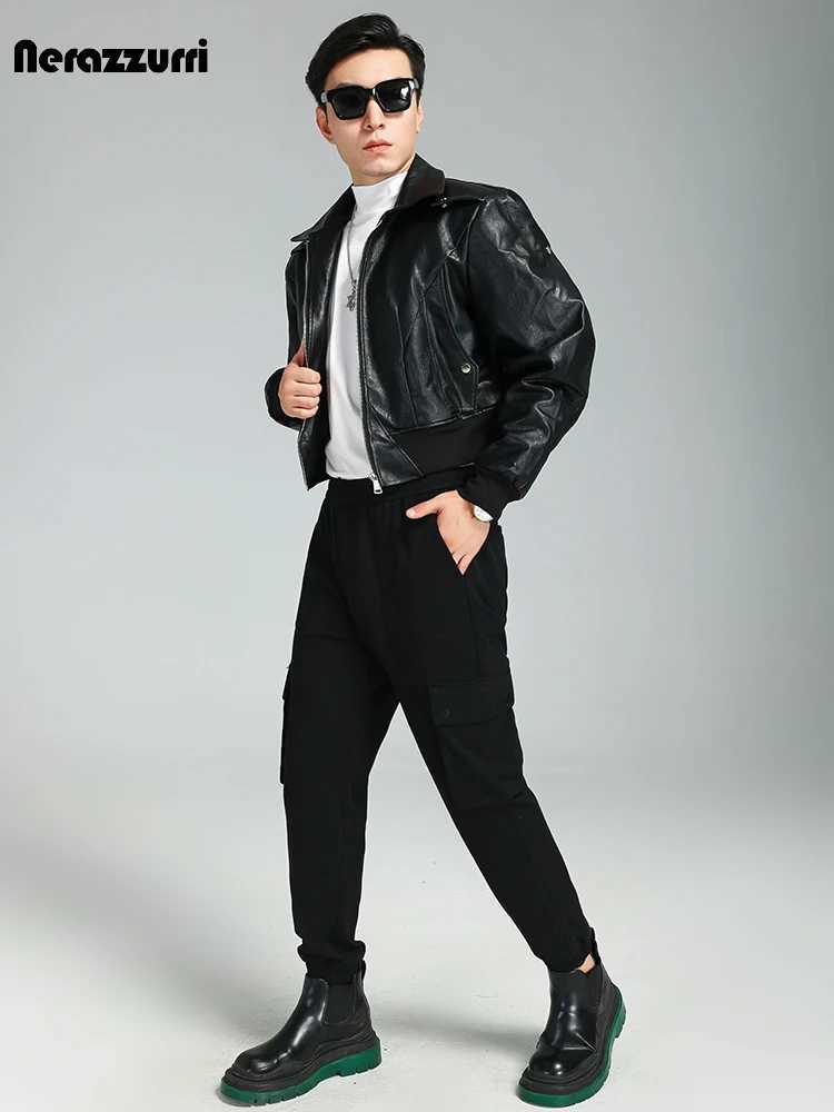 Nerazzurri Spring Autumn Cool Handsome Short Thickened Warm Soft Black Pu Leather Bomber Jacket Men Zipper Long Sleeve 2023 W251023