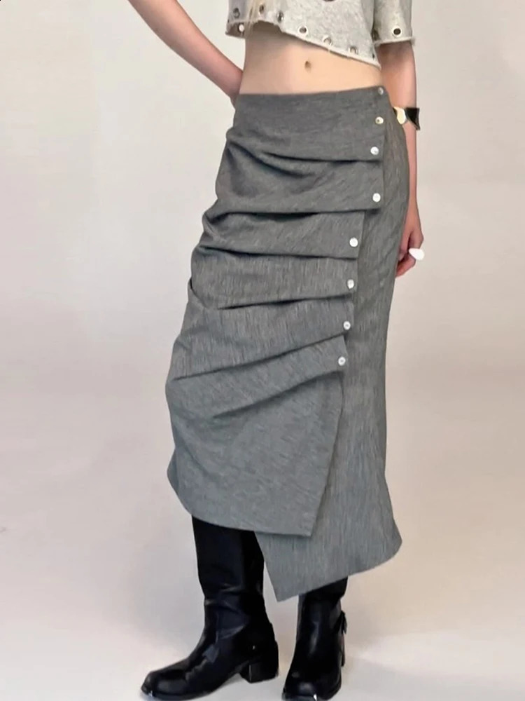 Nibber Button Folds Skirts Women Irregular Hem Skinny Office Style Commute Simple Classic Autumn Trend Street Elegant Outfits 251022