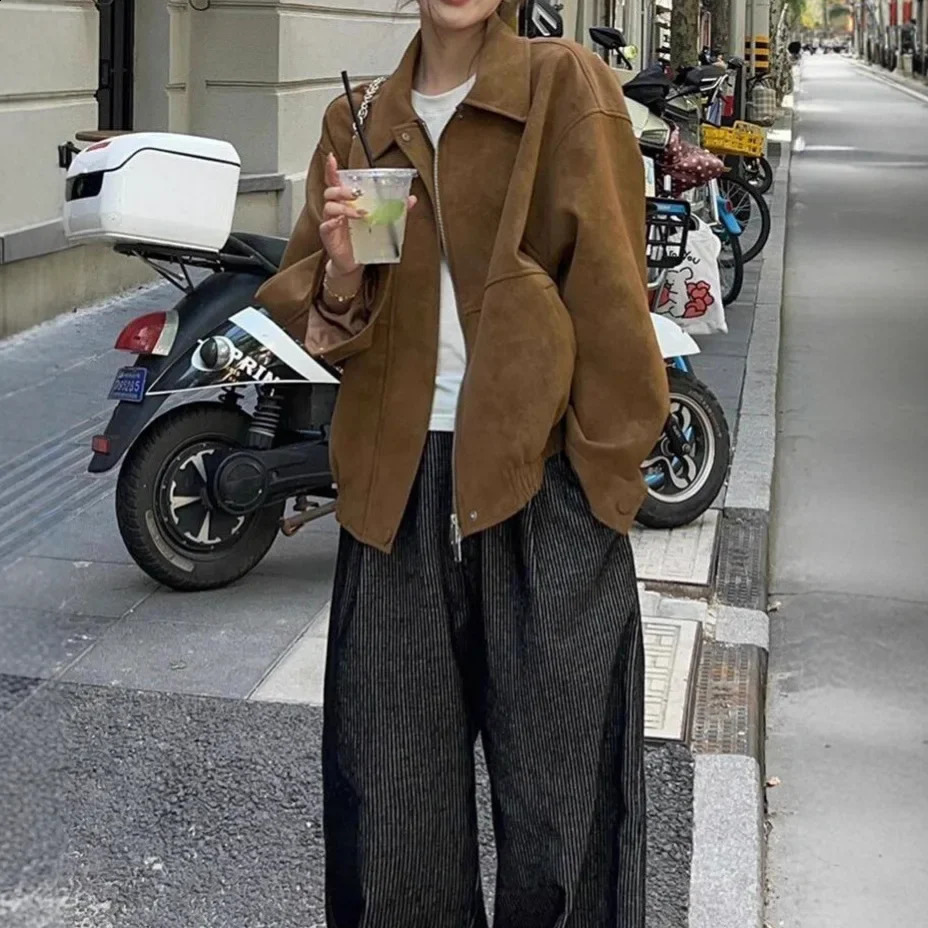 Retro American Suede Jacket Womens Loose Lapel MidLength Casual Spring Autumn Fashionable Top Full Sleeve Origin China 251013
