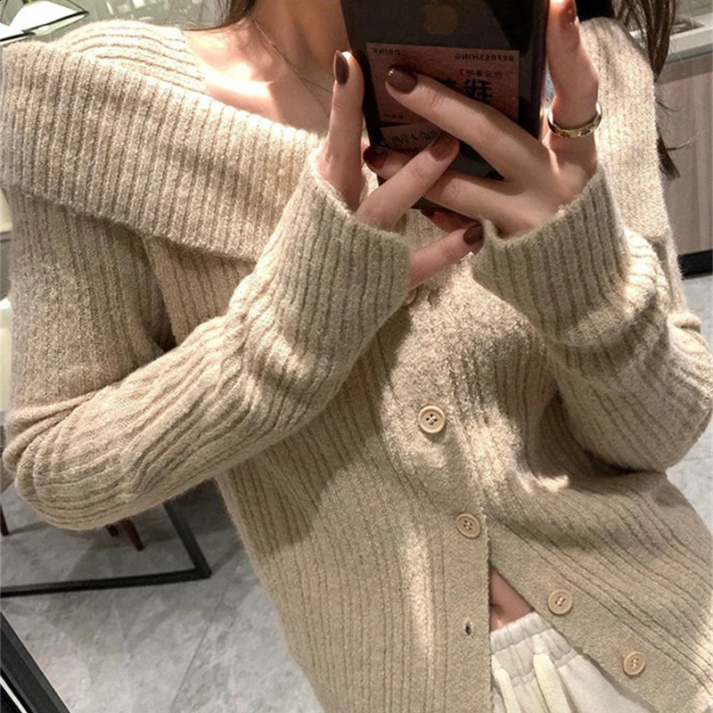 Y2K Sexy OffShoulder Sweater Pullover Women Stretch Slim Slash Collar Jumpers Sweaters Chic Single Breasted Knitted Pullovers 251023
