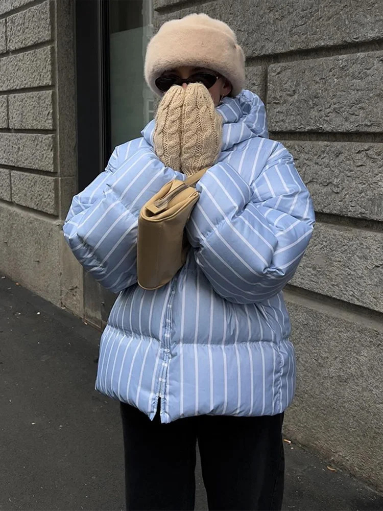 Winter Women Striped Hooded Cotton Jacket Long Sleeve Stand Zipper Buttons Thickening Padded Jackets Casual Office Lady Coat 251021