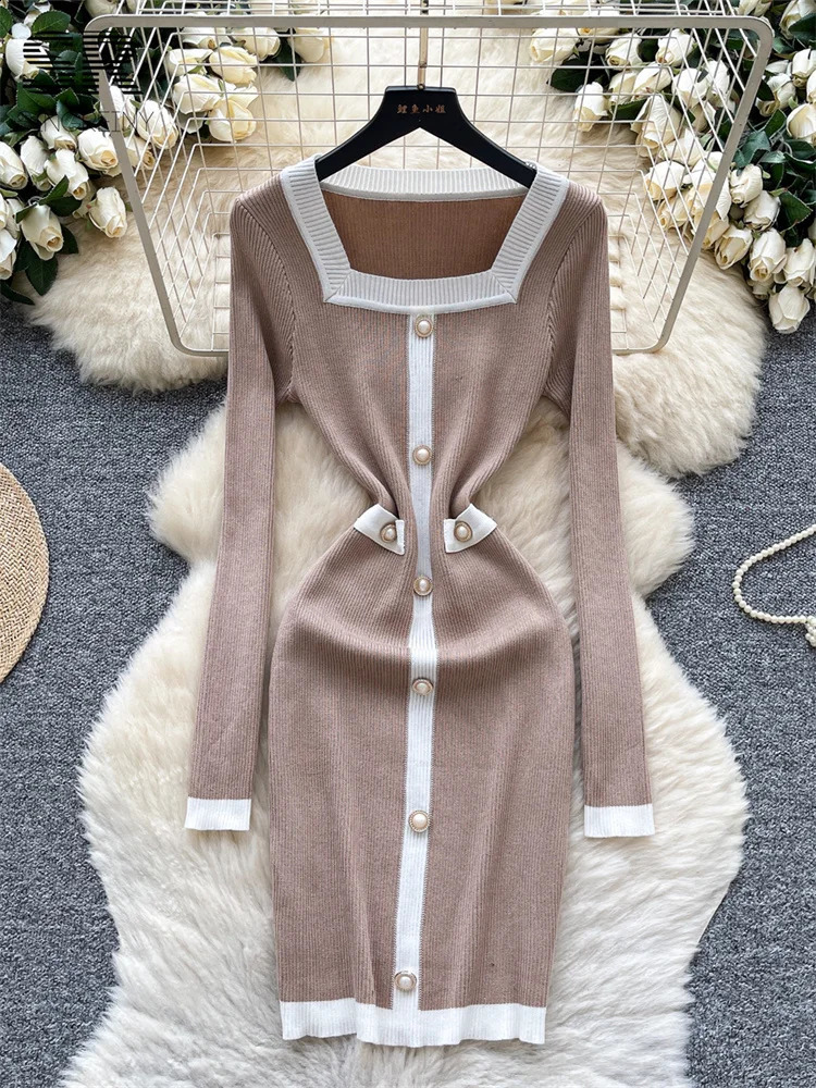 SINGREINY French Knitted Dress Ladies Color Block Long Sleeve Pearl Button n Square Collar Autumn Women Bodycon Chic 251022