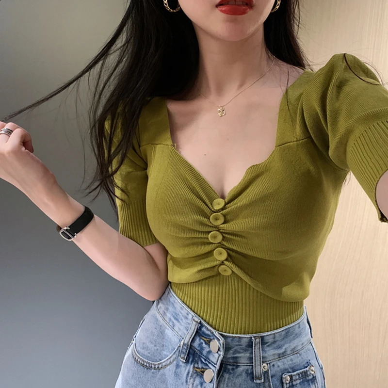 Womens Short Sleeve Knit Top with Button Front Sweetheart Neck Sweater Summer Office Lady Knitwear Korean Chic Elegant Outfit 251023