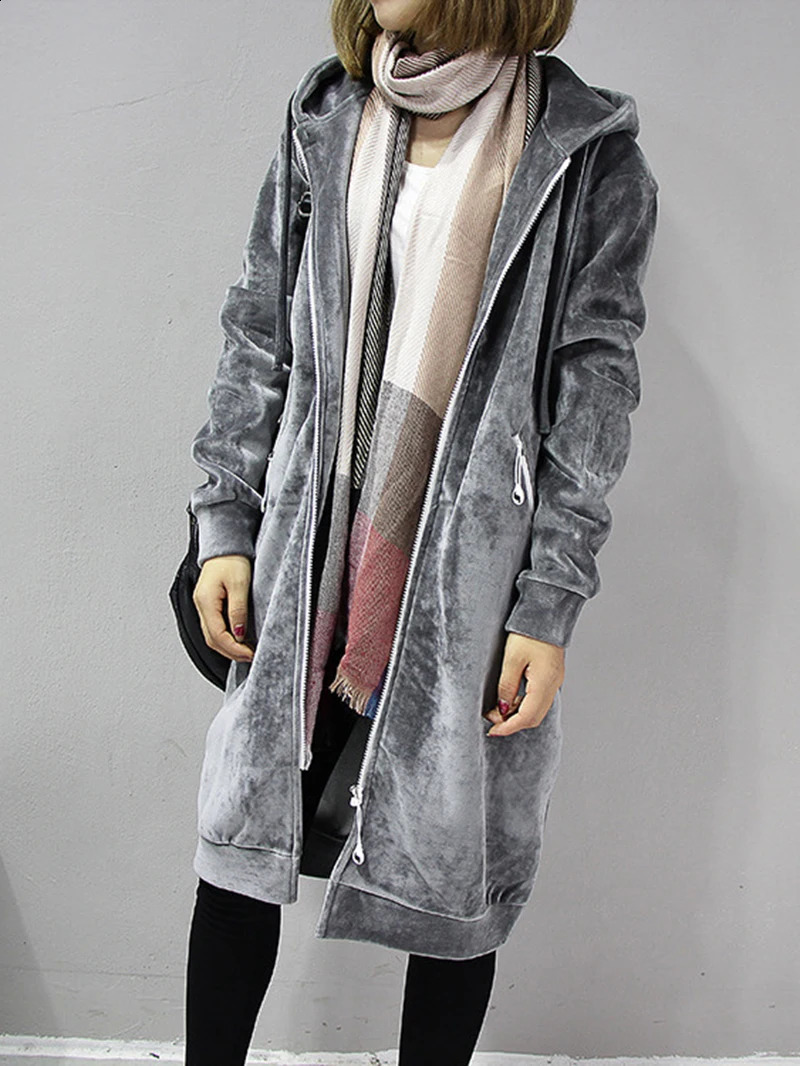 Womens Medium Long Velvet Zipper Jacket Loose Versatile Cardigan Hoodie Spring Autumn Student Black Thickened Coat Top 251022