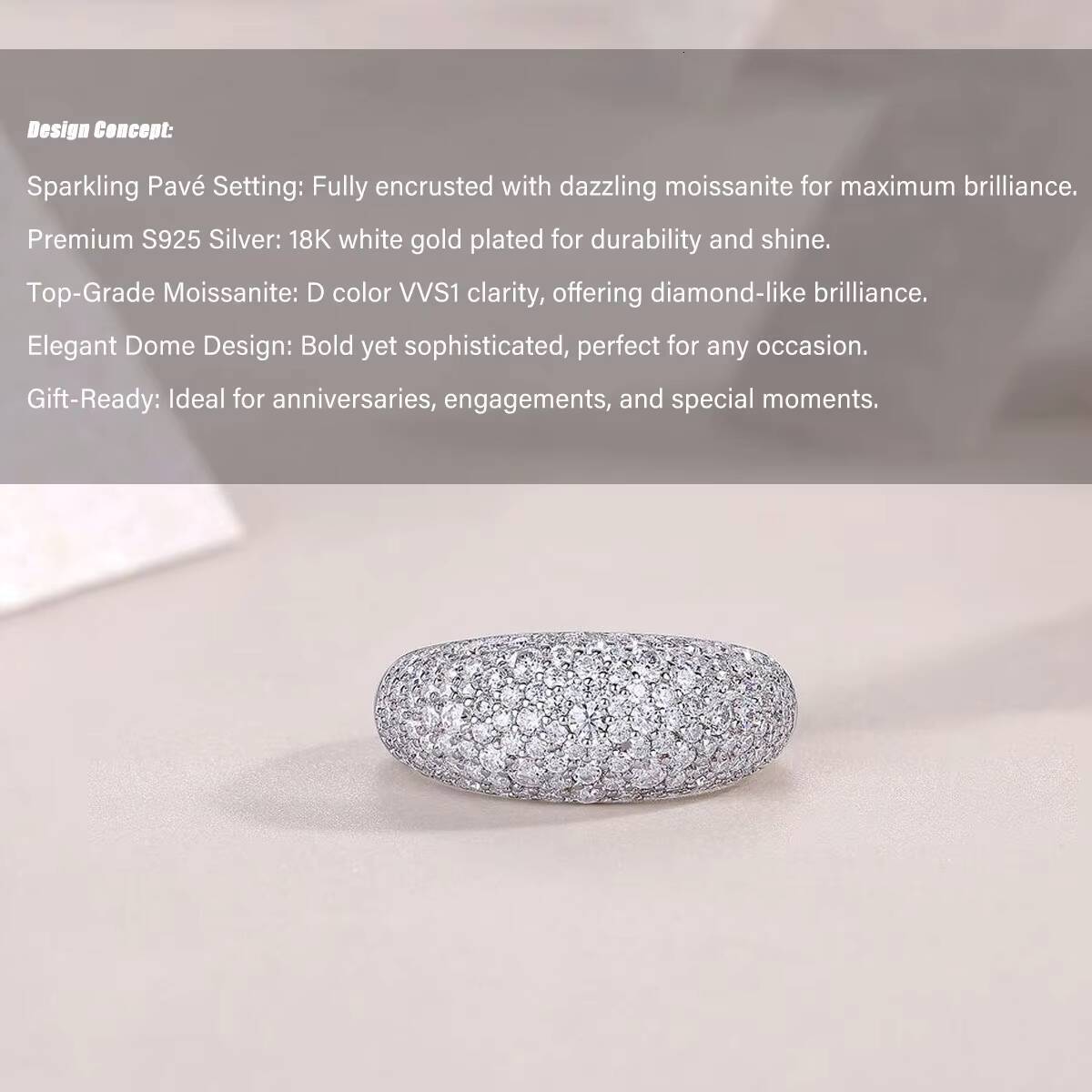 Luxury Moissanite Pav Ring S925 Sterling Silver 18K White Gold Plated Elegant Dome Design Jewelry for Women