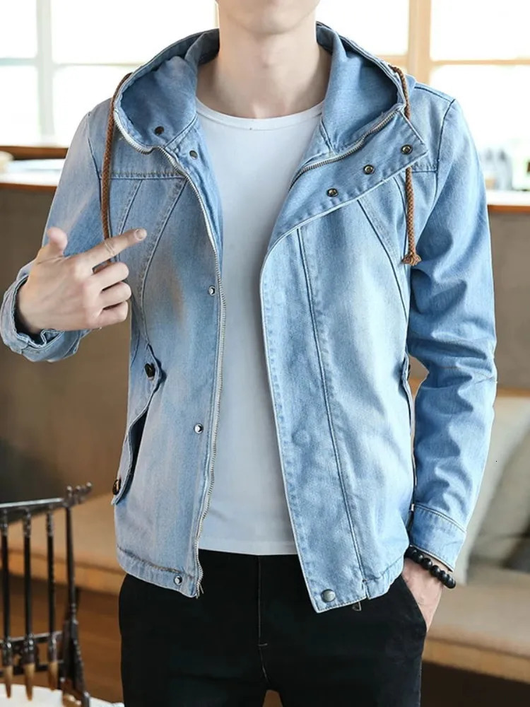 Spring Autumn Japanese Retro Mens Hooded Denim Jacket Slim Fit Zipper Casual Outerwear Male Long Sleeve Streetwear Coats 251017