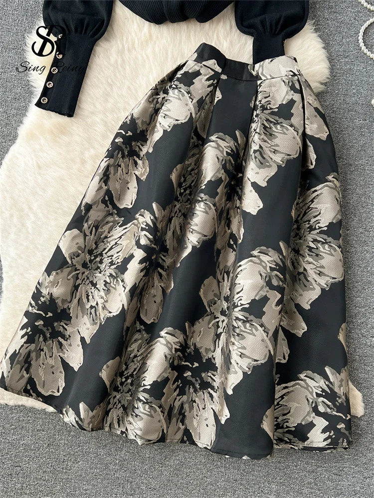 SINGREINY Ladies Retro Sweater Suits Fashion Lantern Sleeve Loose Pullovers A Line Long Skirts Print Knitted Two Pieces Sets 251020