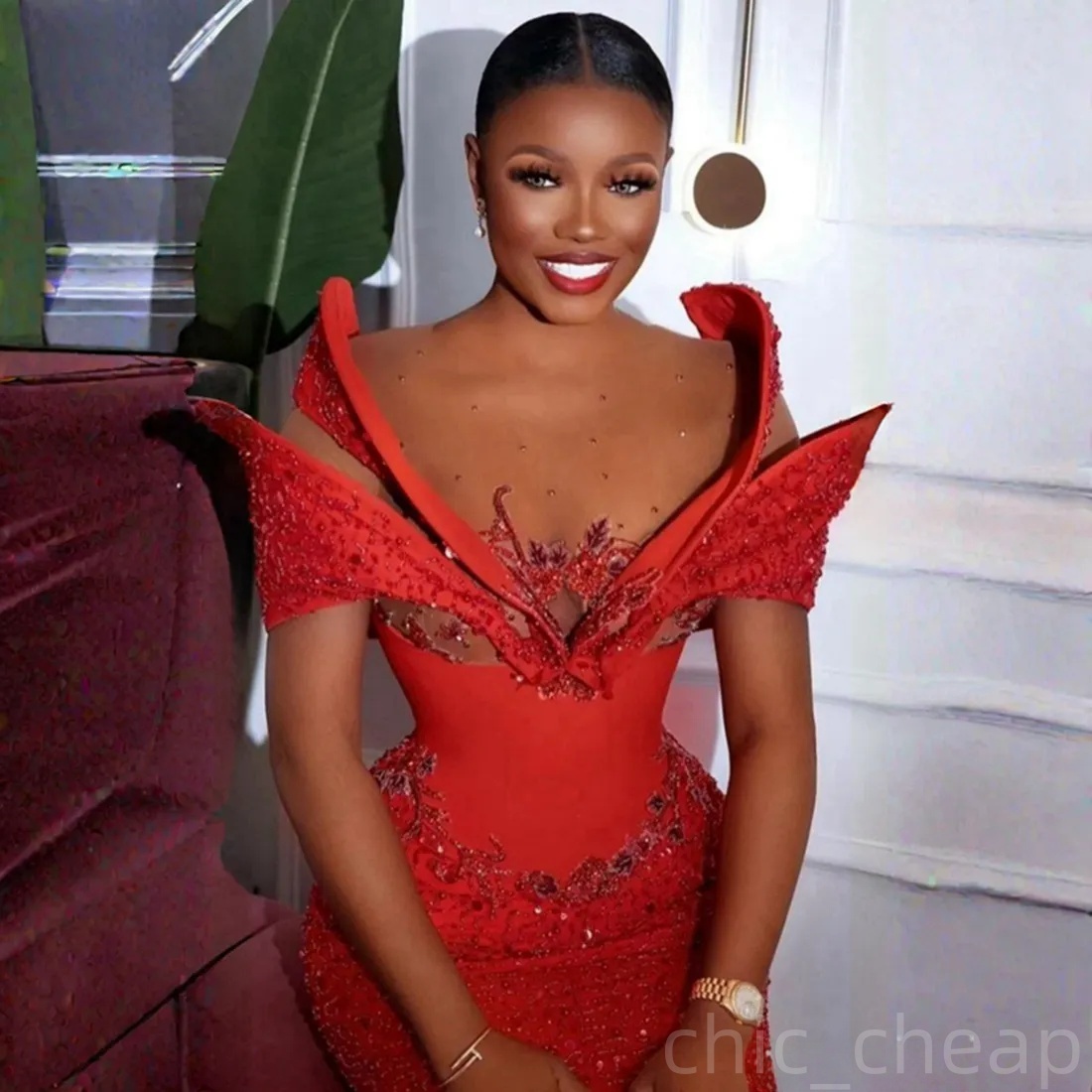 2025 Red Plus Size Aso Ebi Prom Dress Sheer Neck Lace Crystals Evening Gowns Illusion Mermaid Formal Dress Birthday Party Dress Second Reception Dress