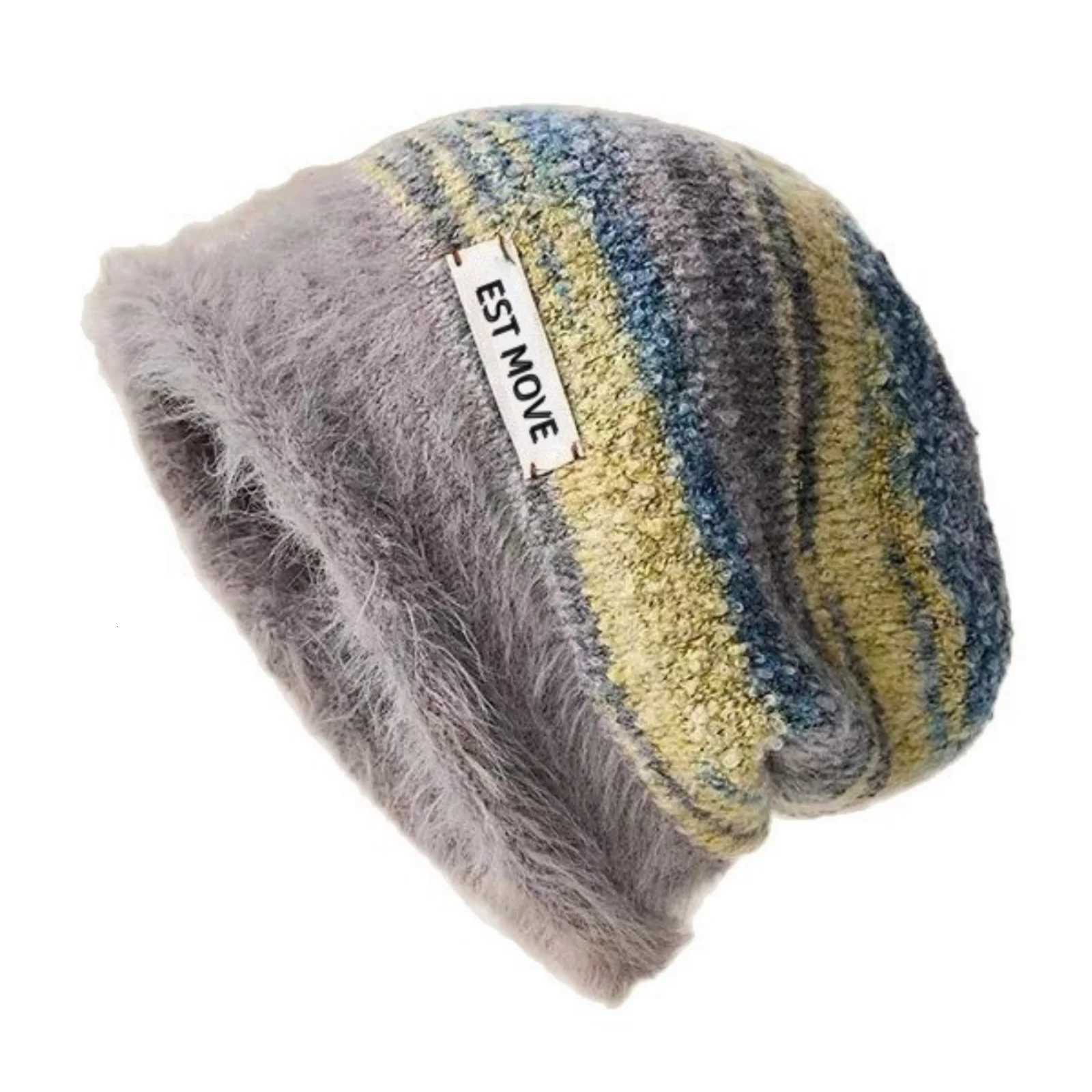 1PC Furry Knitted Beanie Hat Warm Striped Winter Cap Trendy Casual Headwear For Women Cross Border Fashion AccessoryXJ251023