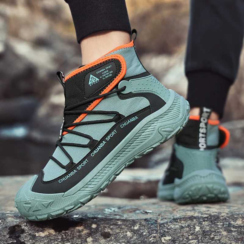 2025 Outdoor Green Walking Shoes Men Fashion High top Casual Boots Men Platform Breathable Hiking Shoes For Men Trekking Boots J251023