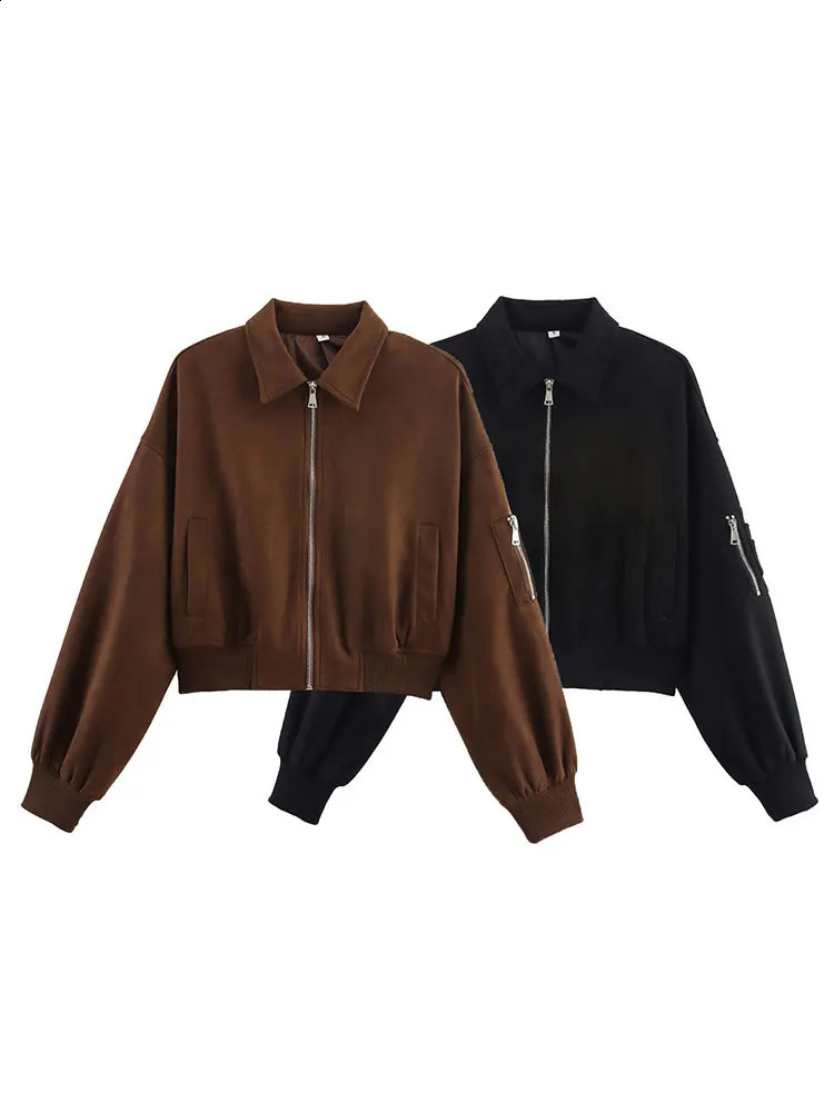 HH Female High Street Suede Bomber Jacket 2025 Autumn Long Sleeve Zipper Vintage Solid Lapel With Pockets Trendy Coats 251018