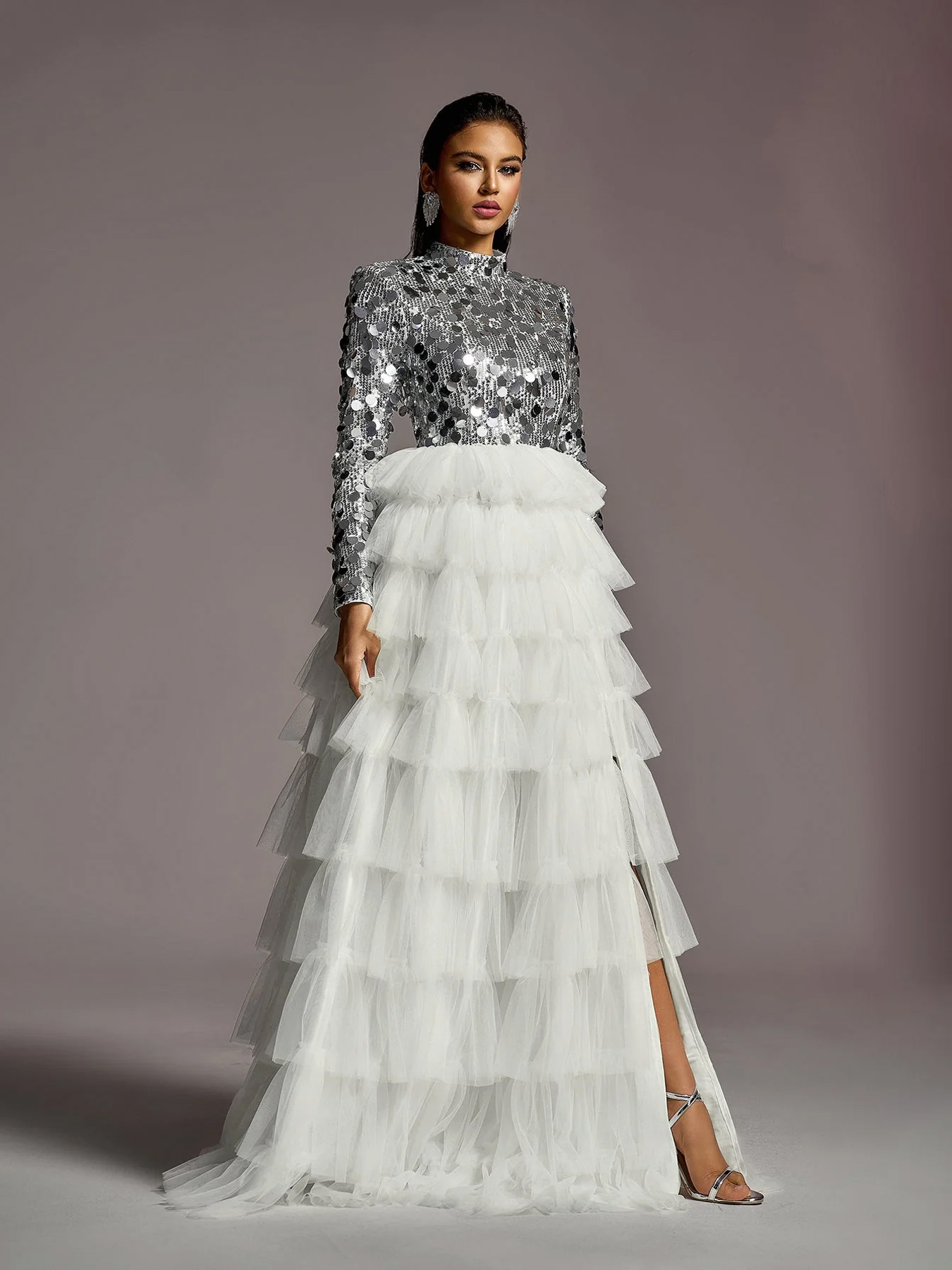 Women's Mememe Brand Sequin Evening Dress, Side Slit Tiered Tulle Cake Skirt Formal Gown (S-XL, Black/White)-D354