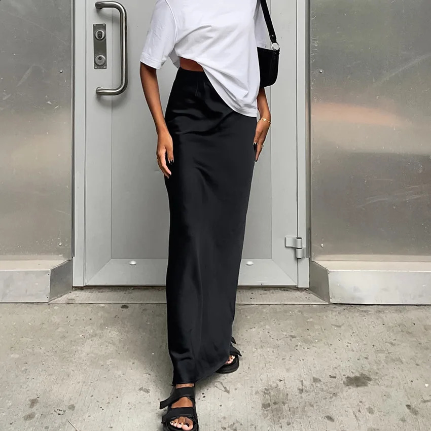 Women Fashion Satin Skirt High Waist Midi Stylish Street Versatile Chic Elegant Female 251017