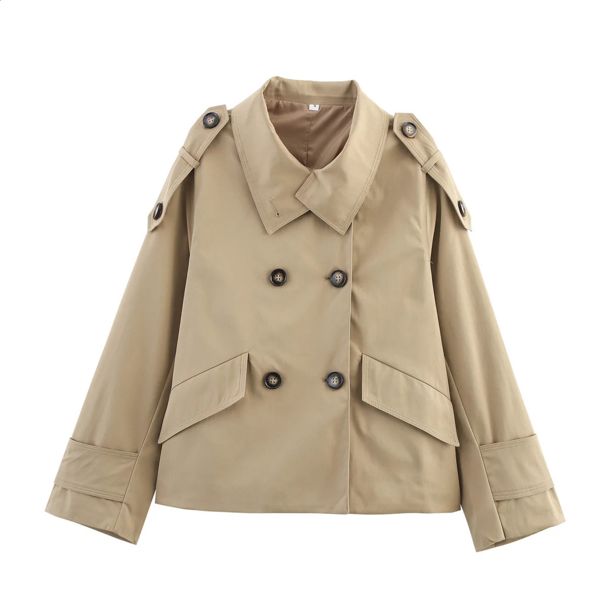 Khaki Trench Coat Women Double Breasted Jacket Woman Stand Collar Full Sleeve Pocket Autumn Casual Loose Outerwears Lady 251013