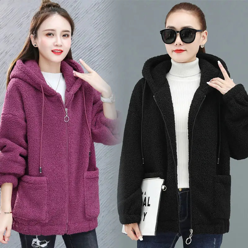 Women Hooded Coat Chic Fleece Thick Solid Color Pockets Long Sleeves Loose Warm Plush Zipper Cardigan Outdoor Autumn Winter 251022