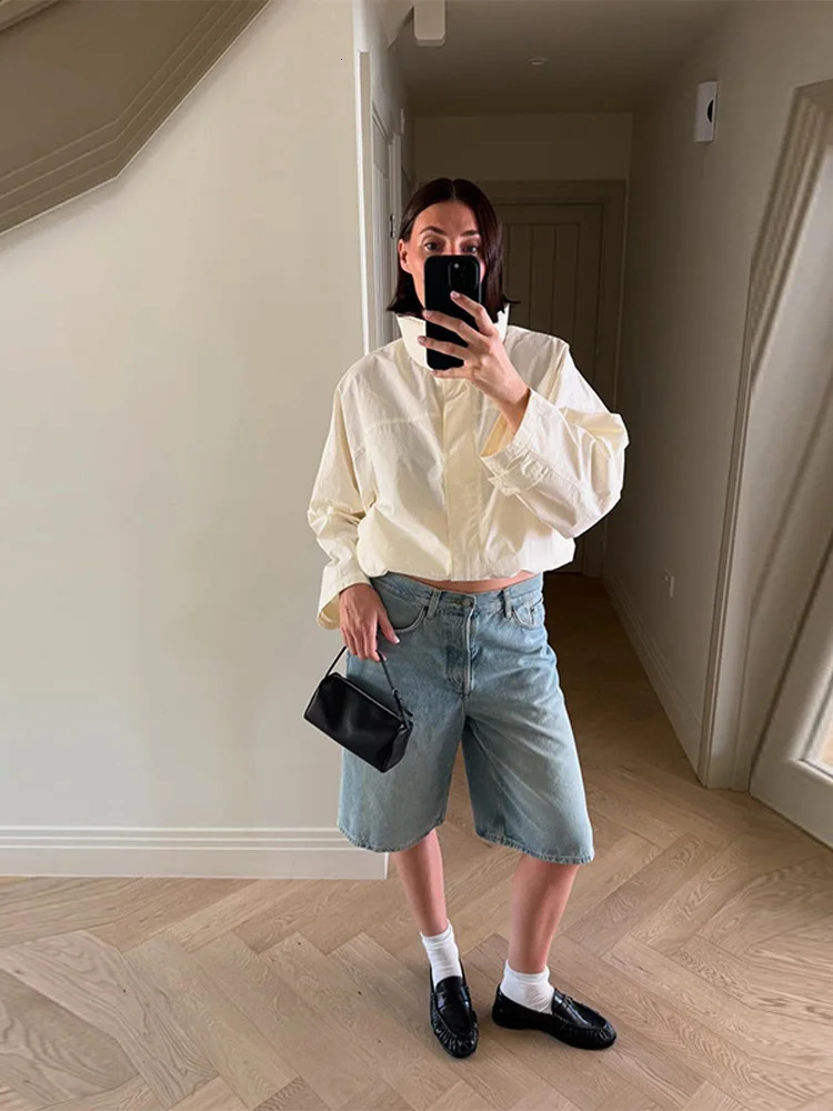 Womens Bomber Jacket Up Loose Fit Cropped Coat Stand Collar Elastic Hem Minimalist Casual Autumn Outerwear Fashion Outfit 251020