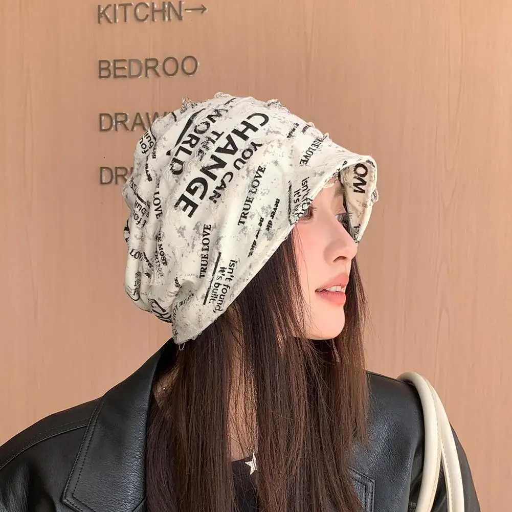 Fashion Hip Hop Letter Print Beanie Hats For Women Men Vintage Thin Bonnet Distressed Cracked Wasteland Style Casual HatsXJ251023