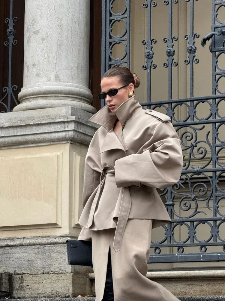 Elegant Solid Lace Up Overcoat Women Chic Full Sleeve Lapel Collar Button Loose Coat Autumn Female Street Oversize Outerwear 251013