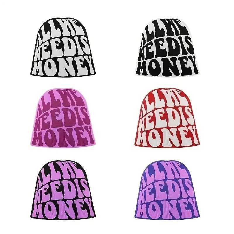 ALL WE NEED IS MONEY Beanie Letter Jacquard Hip Hop Knit Hat Unisex Y2K Skull Cap Warm Elastic Beanies Cap For Women MenXJ251023